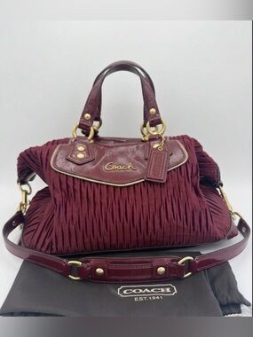 Coach Ashley Gathered Satin & Patent Leather Satchel Bordeaux Red Bag HW F20050